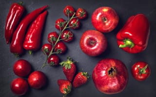 Картинка яблоки, клубника, томаты, персики, гранат, перец