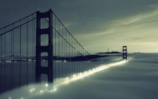 Картинка river, небо, Golden Gate Bridge, река, город, city, sky, облака, 1920x1280, туман, fog, lights, огни, San Francisco, clouds, мост