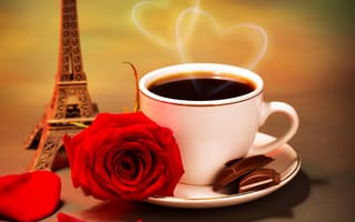 Картинка чашка, Эйфелева башня, цветок, шоколад, сердце, статуэтка, лепестки, дольки, кофе, роза, блюдце, пар, сердечки, красная