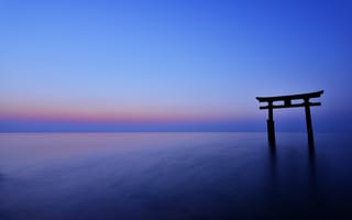 Обои Япония, синева, океан, небо, горизонт, тории, море, штиль, вечер, закат