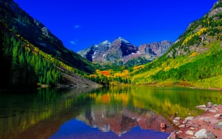 Картинка горы, озеро, Озеро Марун, Скалистые горы, Колорадо, Colorado, Maroon Bells, вершины, отражение, озеро Марун, Maroon Lake, Rocky Mountains, Elk Mountains
