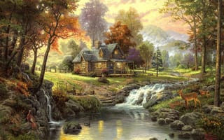Картинка осень, Пейзаж, домик в лесу, ручей, Thomas Kinkade