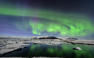 Картинка Glacial Lagoon, льдины, Iceland, горы, северное сияние, льды, Исландия