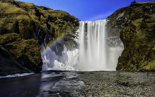 Картинка Skogafoss, водопад Скогафосс, Iceland, радуга, скалы, река, Исландия