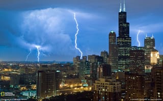 Картинка США, город, Чикаго, небоскребы, Иллиноис, National Geographic, молния