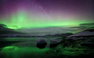 Картинка Исландия, ночь, Март, северное сияние, Jökulsárlón, звезды, млечный путь, весна, By Conor MacNeill