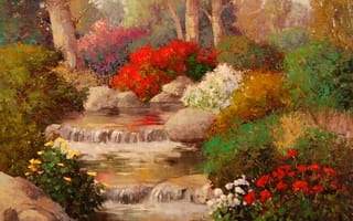 Обои розы, деревья, живопись, природа, цветы, ручеёк, вода