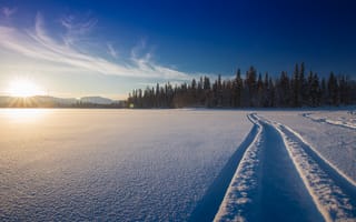Картинка Рука, закат, Финляндия, снег, Kuusamo, колея, зима, Ruka, озеро, Куусамо, лес, Finland