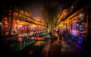 Картинка Китай night shot, canal, dark, market, Lijiang