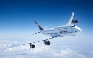 Картинка Boeing, Полет, Летит, Lufthansa, Авиалайнер, В Воздухе, Облака, Самолет, Боинг, 747