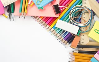 Картинка карандаши, школьные, белый, скрепки, принадлежности, ручки, линейки, канцелярские, ластик, разноцветные