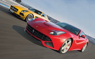 Картинка Ferrari, 63, суперкары, Феррари, AMG, F12, Мерседес, SLS, berlinetta, передок, Mercedes-Benz