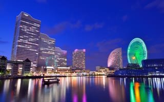 Картинка Japan, здания, Йокогама, подсветка, Япония, отражение, дома, Yokohama, небо, синее, залив, мегаполис, ночь, колесо обозрения, огни