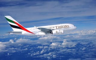 Картинка Emirates Airline, Airbus, Облака, День, Огромный, Самолет, Вид сбоку, A380, Авиалайнер, Полет