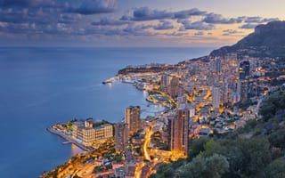 Картинка море, Монако, побережье, Лигурийское море, Ligurian Sea, Monte Carlo, ночной город, French Riviera, панорама, Лазурный Берег, Monaco, Монте-Карло
