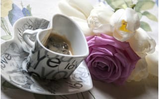 Картинка настроения, кофе, кружка, форма, сердечко, цветы, роза, сердце