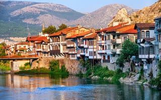 Картинка пейзаж, Central Anatolia, горы, мост, скалы, дома, Турция, Amasya, солнечно, река