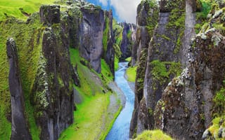 Картинка зелень, река, canyon, каньон, Fjadrargljufur, скалы, Исландия