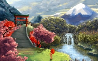 Картинка арт, врата, водопад, пейзаж, река, лестница, зонт, гора, сакура, азия, гейша