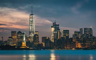 Картинка night, skyscrapers, New York, cityscape, Statue of Liberty