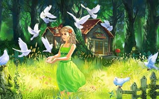 Картинка живопись, зеленое платье, лес, забор, волосы, глаза, природа, деревья, лето, белые голуби, трава, домик, арт, взгляд, девушка
