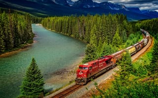 Картинка лес, Banff National Park, Canada, Канада, Bow River, поезд, Alberta, Банф, горы, природа, железная дорога, деревья, состав, Альберта, река