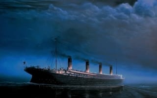 Картинка Титаник, Вид сбоку, Рисунок, Облака, Лайнер, Titanik, Судно, На Ходу, Небо, Море, Отражение, Ночь