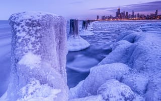 Картинка Chicago, Чикаго, ночной город, зима, мороз, лёд