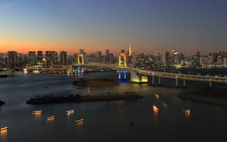 Картинка Tokyo, Rainbow Town, dusk, bridge, reflections, sunset, Odaiba, Rainbow Bridge, Japan, twilight