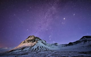 Обои Исландия, звезды, небо, ночь, сиреневое, горы, снег, Млечный Путь
