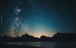 Картинка light, meteor, night, lake, mountains, Milky Way, stars, sky, silhouette, hills