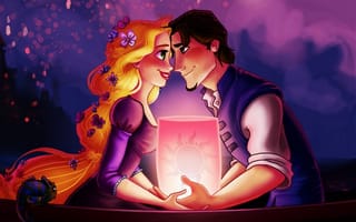 Картинка Tangled, река, волосы, Запутанная история, Rapunzel, lights, ночь, лодка, влюблённые, фонарики, Рапунцель, принцесса, Flynn, небо, огни, Флинн, разбойник