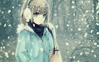 Картинка аниме, сумка, волосы, снег, холод, зима, девушка, взгляд
