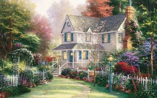 Обои garden, Thomas Kinkade, живопись, сад, дом, house, лето, Томас Кинкейд, cottage, summer, Victorian Garden II, painting, коттедж