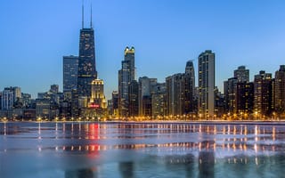 Картинка Chicago, зима, город, небоскребы, Чикаго, огни, океан, вечер