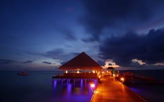 Картинка night lights, океан, Maldives, bungalow, Мальдивы, пирс, sea, beach, tropical, бунгало, ocean, sunset