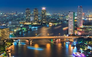 Картинка город, By Noom HH, Таиланд, река, выдержка, Бангкок, ночь, мост, огни, лодки, Bangkok