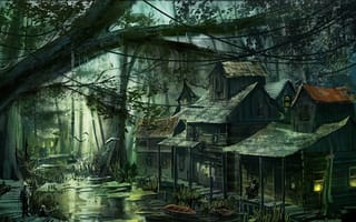 Картинка арт, болото, деревня, люди, дома, лес, постройки
