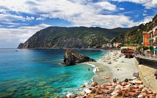 Обои Италия, побережье, Cinque Terre, Italy, пляж, Чинкве-Терре, Монтероссо-аль-Маре, горы, пейзаж, природа, море, скалы, дома, Monterosso al Mare