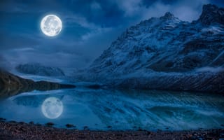 Картинка камни, ночь, небо, снег, луна, вода, горы, облака, отражение, озеро