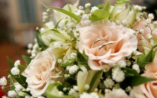 Картинка Обручальные кольца, розы, свадьба, букет