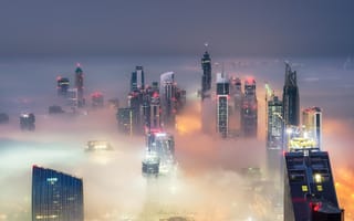 Картинка город, высотки, Дубай, туман, макушки, ОАЭ