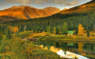 Картинка лес, закат, HDR, Alaska, USA, горы, autumn, озеро