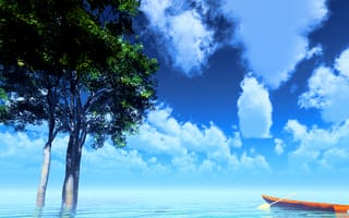 Картинка озеро, деревья, небо, y-k, лодка