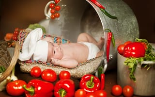 Картинка Анна Леванкова, дети, поварёнок, овощи, еда, ребёнок, зелень, кастрюля, перец, помидоры