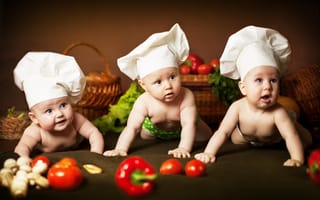 Картинка Анна Леванкова, дети, трио, колпак, трое, малыши, поварята, корзины, овощи