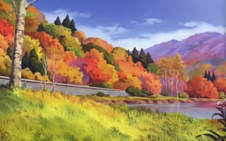 Картинка небо, трава, горы, Япония, лесистые холмы, краски осени, by Kusanagi, озеро