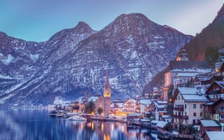 Картинка Alps, Hallstatt, озеро, горы, дома, Austria, зима, Lake Hallstatt, Австрия, Альпы, Гальштатское озеро, Гальштат