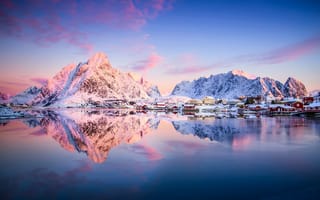 Картинка зима, Норвегия, горы, отражения, городок, снег, фьорд, Север, поселение