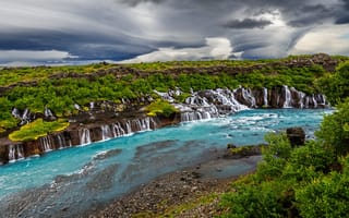 Картинка каскад, скала, водопад, природа, река, деревья, Исландия